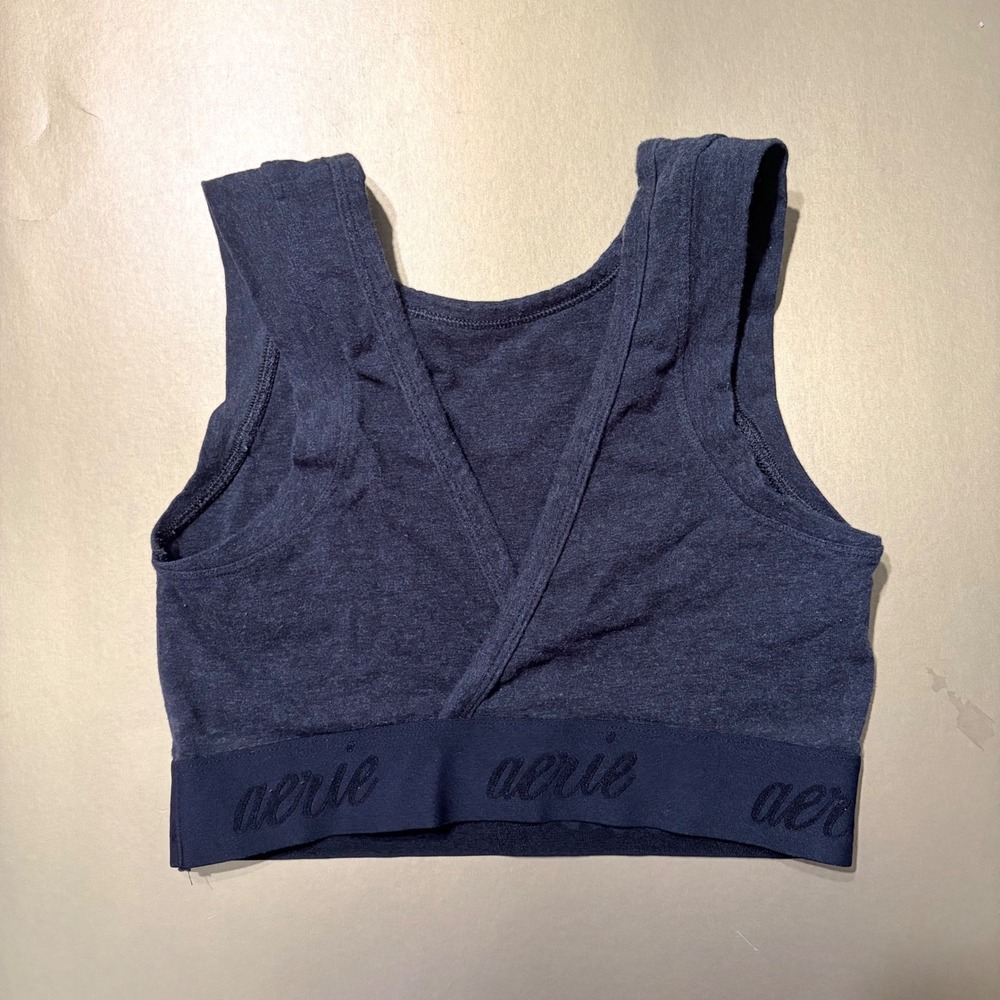 Aerie Bralette Charcoal Gray Heather Crossover Back Logo Band XS